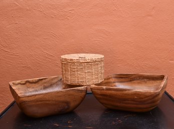 Pair Of Square Acai Bowls With Woven Lidded Serving Bowl