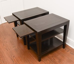 (2) Pottery Barn Modern Black Wood End Tables With Pull-out Trays