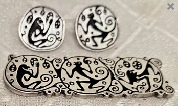 Vintage MFA Ornate 925 Sterling Silver Set - Earrings Partial Brooch - Whimsical Stylised Silhouette Monkey