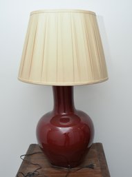 Large Red Ceramic Lamp With Pleated Shade