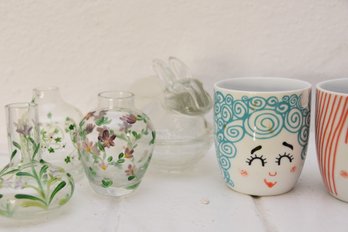 Collection Of  Hand Painted Bud Vases With (2) Flying Tiger Mugs