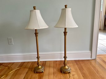 Pair Of Gilt Decorated Wood Candlestick Table Lamps