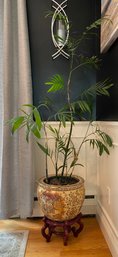 Exquisite Asian-inspired Pot With Plant And Elegant Wooden Stand