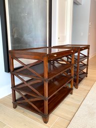 Pair X Lillian August Mahogany Side Table With Leather Pull Out Top Trays
