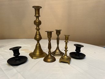 Group Of Brass Candlesticks & Pair Cast Iron Candle Holders