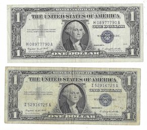 (2) 1957 A Blue Seal $1 Dollar Silver Certificates