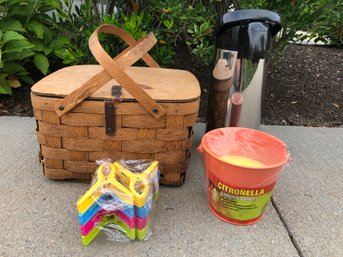 Misc Picnic Lot - Including Vintage Picnic Basket, Gevalia Carafe