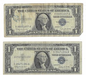 (2) 1957 B Blue Seal $1 Dollar Silver Certificates