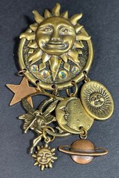 Vintage 1980s Sun Moon Stars Brooch