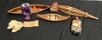 Group Of Miniature Native American Dolls, Canoes & More