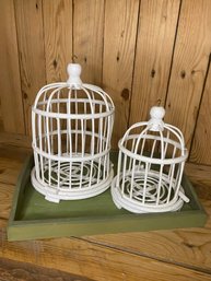 Pair Of White Birdcages And Green Tray