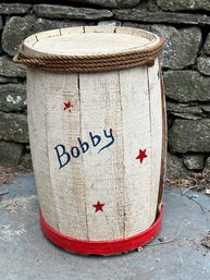 A Vintage Wooden Side Table Made Of Wooden Bucket