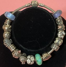 Pandora Sterling Silver Bracelet, 17 Glass & 925 Beaded Charms