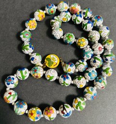 Vintage Purchased Overseas Enamel & Gold Painted Heavy White Hand Knotted Beaded Necklace 22 In. Length