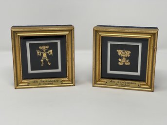 Framed Pre- Colombian Reproduction Artifacts In Sterling Silver And Electroplated In 24K Gold- A Pair