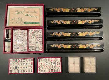 Vintage 1960s Black Lacquer MahJongg Set With Bone & Bamboo Tiles