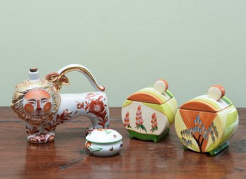 (4) Hand Painted Ceramics Including Asian Lion, With Stopper Top, Tea And Sugar Set And Tiffany Lidded Box