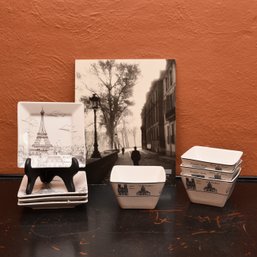 (8) Black-And-White French Themed Ceramics With Vintage Parisian Street Scene Print