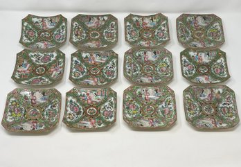 Stunning Set Of 12 Antique Famille Rose Medallion Chinese Small Plates With Curved Edges