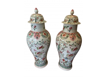 Pair Of Chinoiserie Floral Multi Colored Temple Jars