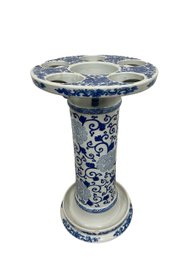 Unique Chinese Blue & White Porcelain Stick Umbrella Stand Featuring Scrolling Foliage