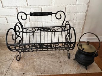 Iron Fire Log Holder, With Cast Iron Ash Pot W/brass Lid