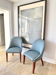 Pair Pale Blue Linen Arched Back Side Chairs With Hobnail Detail