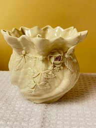 Belleek Paria Porcelain Vase With Beautiful Floral In Relief, Ivory On Ivory