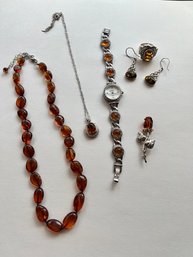 Sterling Silver With Amber, With Watch To Match