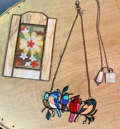 Stain Glass Frame, Hanging Birds And Local Kington Map Necklace