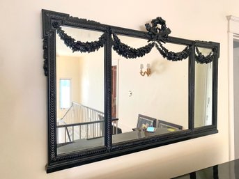 Vintage 5FT Three Panel Mirror In Carved Black Wood Frame With Carved Floral Wreath Motif