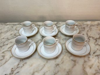 Set Of 6 White With Gold Trim Demitasse Cups & Saucers