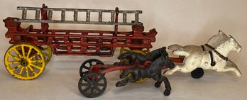 Vintage Cast Iron Antique Horse Drawn Fire Truck - Old Paint - Partial Section Black Horses - Unmarked