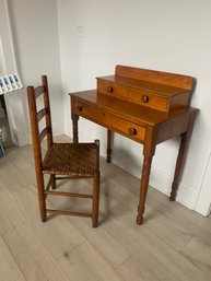 Antique Pine Desk & Chair With Rattan Seat