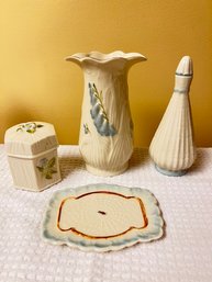 Belleek, 13th Mark, Vase, Covered Cachet Pot, Oil Or Vinegar, Butter Plate With A Bee In The Middle