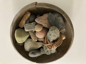 Vintage Wood Bowl With Collected Beach Stones