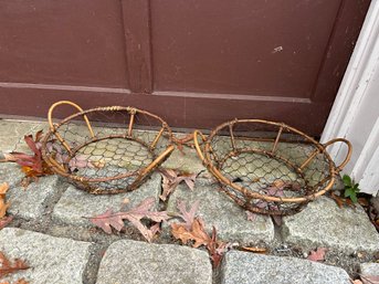 Set Of 2 Rustic Round Chicken Wire Twig Branch Wood Basket