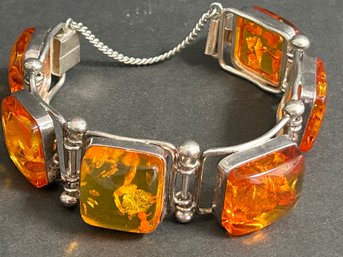 Vintage Amber On Sterling Silver Bracelet Box Clasp Marked 925 Measures 7 .75 Circumference