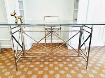 Vanguard Modern Chrome Bar Or Desk With Glass Top And Chair(LOC: F2)