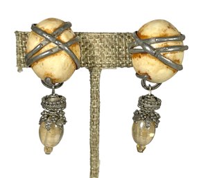 Pair Couture Designer Ear Clips In Caged Stones