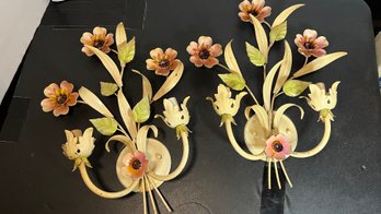 Pair Of Italian Floral Tole Ware Sconces