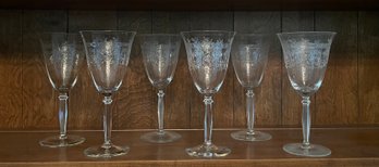 Set Of Etched Glass Crystal Stemware Glasses