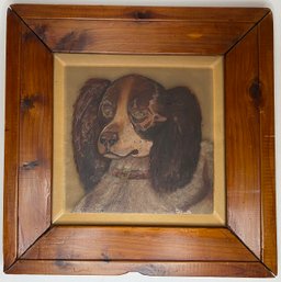 Vintage Spaniel Puppy Dog Oil Painting On Glass Small Unsigned - 5 Inch Square Dog - 8 3/4 Inch Square Frame