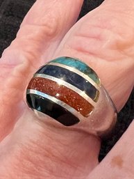 Sterling Silver Dome Ring With Black Onyx, Fools Gold, Blue Lapis, Turquoise