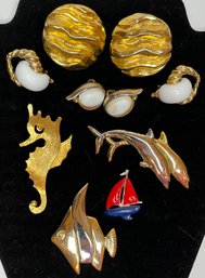 Vintage Lot 1980s Nautical - LC Fish & Dolphin Brooch - White & Waves Clip Earrings - Seahorse & Sailboat Pin