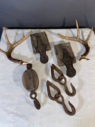 Antique Barn Iron Pulleys Hooks And Antlers