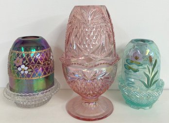 Lot Of 3 Iridescent Glass Candle Holders: 2 Fenton!