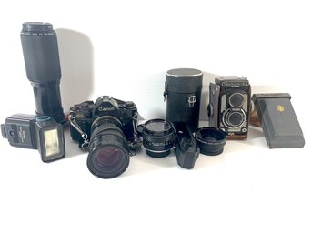 Vintage Camera Gear  - Yashika 44 - Rokkor X 50mm Lens - Canon - Vivitar Flash - Canon 100-300mm Lens Amd More