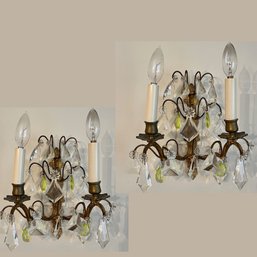 A Pair Of Vintage Italian Gilt Metal And Crystal Sconces - Hollywood Regency