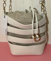 Just Fab, Brand New White Drawstring Bag, Burlap Inside Handbag.